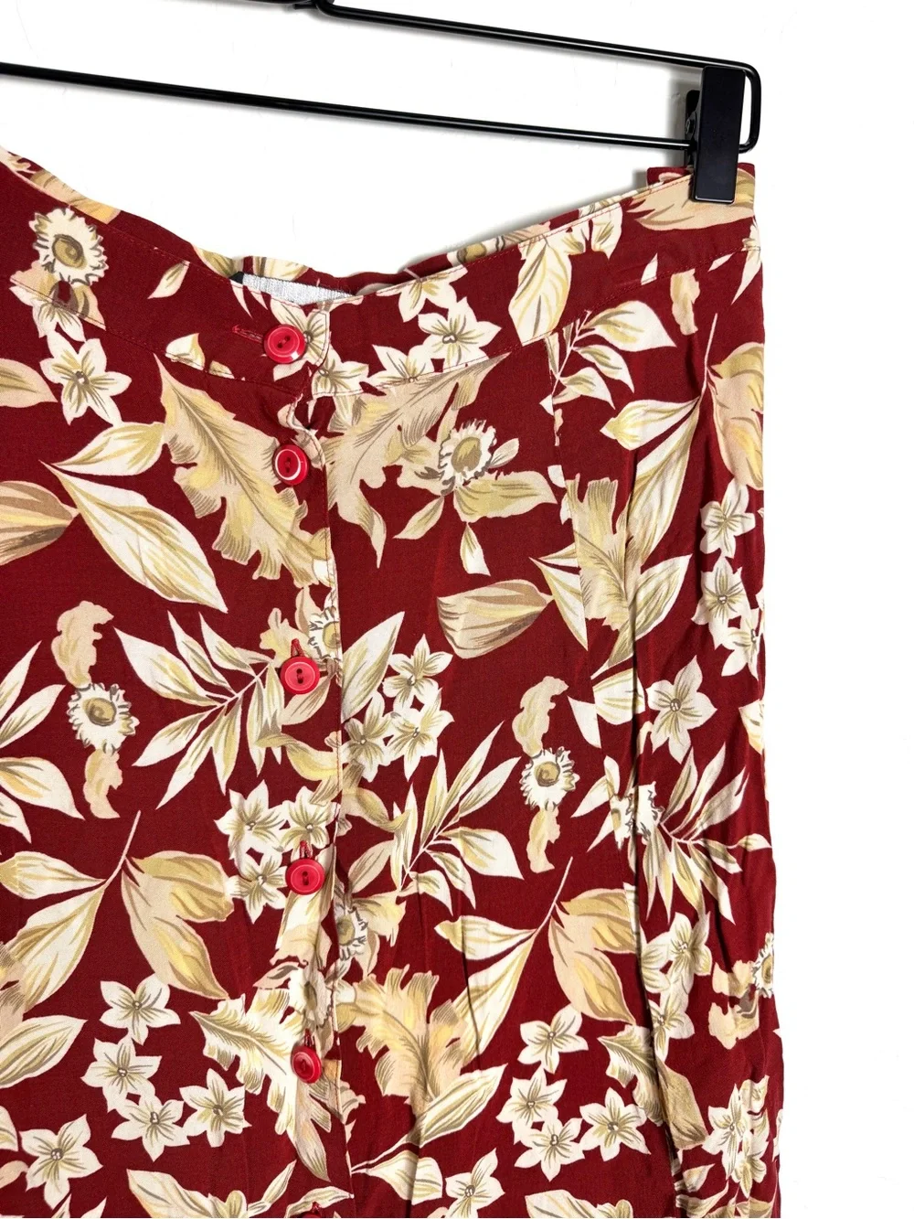 Sag Harbor Vintage Maroon Leaf Floral Button Front Midi Skirt